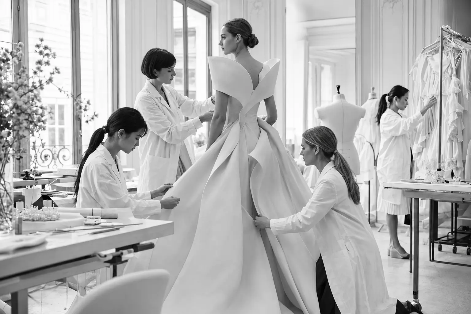 Fashion and couture immersion in Paris with artisans fitting a contemporary dress in a French atelier