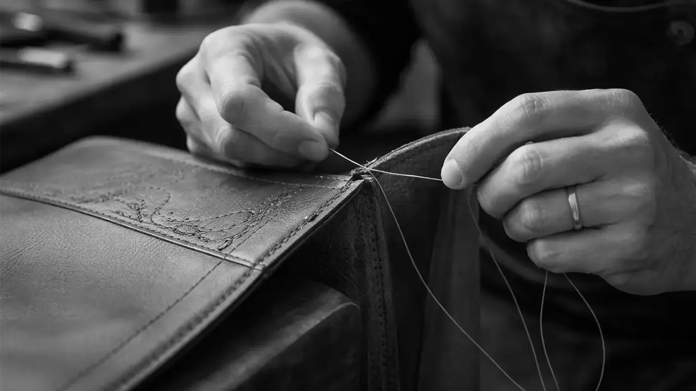 Hands crafting leather by hand, representing Overseas Trotters’ tailor-made immersion approach in France through precision, savoir-faire and meaningful access